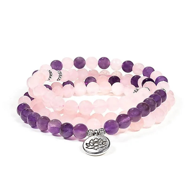 Malakette Rosenquarz & Amethyst mit Lotusblumenanhänger