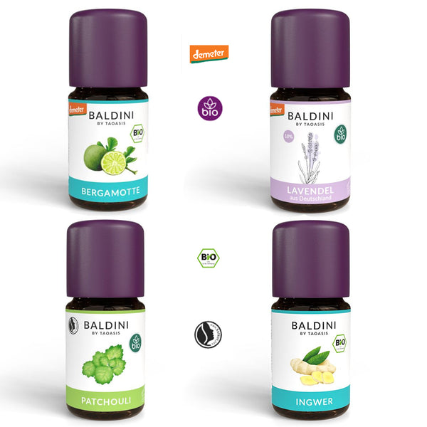 Baldini Aromaölset 4 Elemente, Ingwer, Lavendel, Bergamotte, Patchouli, Öle naturrein Gaia Klangspiele