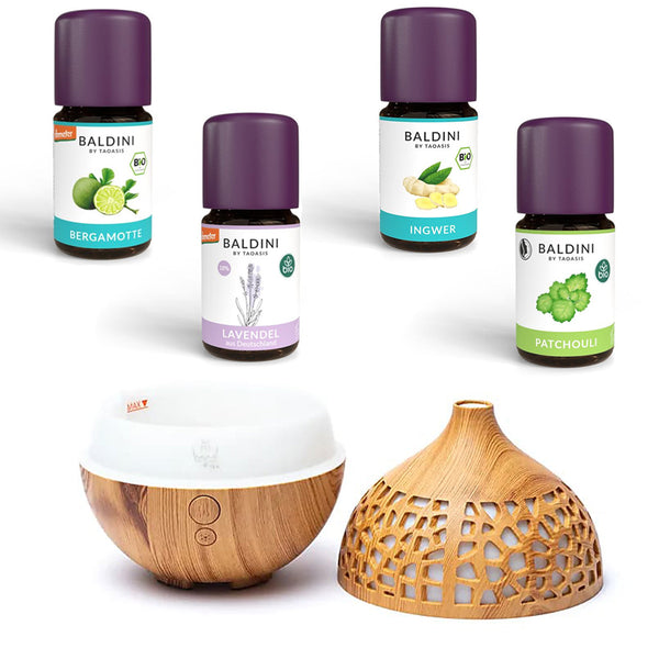 Baldini Bio Ätherische Öle 4er Set (4x5ml) + Aroma Diffuser 180 ml – Ultraschall Diffuser mit LED – Aromatherapie Set