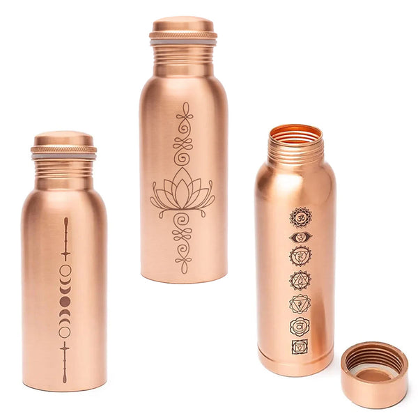 Kupferflaschen Sortiment, Lotusblume, Mondphasen, Chakren, mit Deckel und Dichtung, 500ml Fassungsvermögen, mit Lasergravur