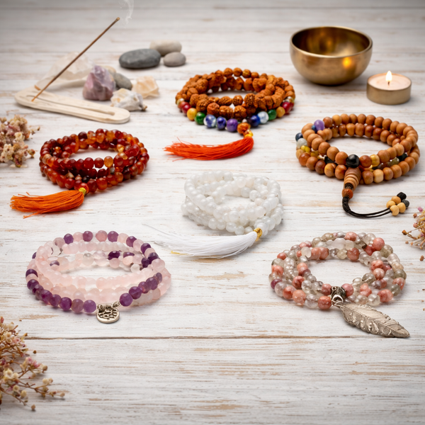 Gaia-Klangspiele Malaketten Kollektion, Karneol, Mondstein, Rhodonit, Rosenquarz, Kadamholz, Rudraksha