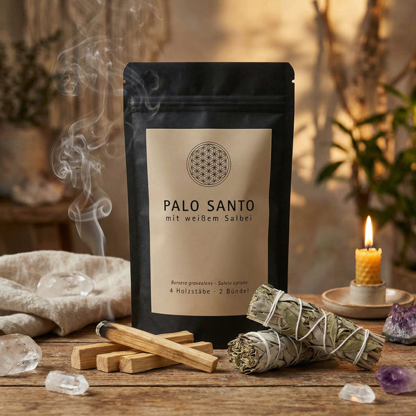 Palo Santo & Salbei im Aromabeutel von Gaia-Klangspiele auf Tisch bei Zeremonie, Räucherzeremonie mit Palo Santo und Salbei, Hausreinigung