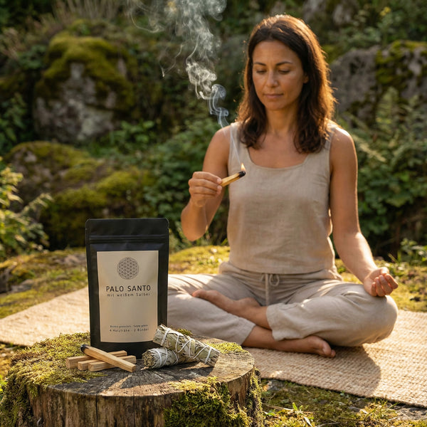 Palo Santo & Salbei beim Räuchern draussen, Meditation mit Palo Santo und Salbei
