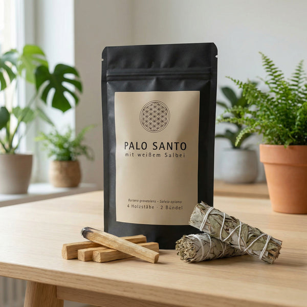 Palo Santo & Salbei im Aromabeutel von Gaia-Klangspiele auf Tisch, Hausreinigung