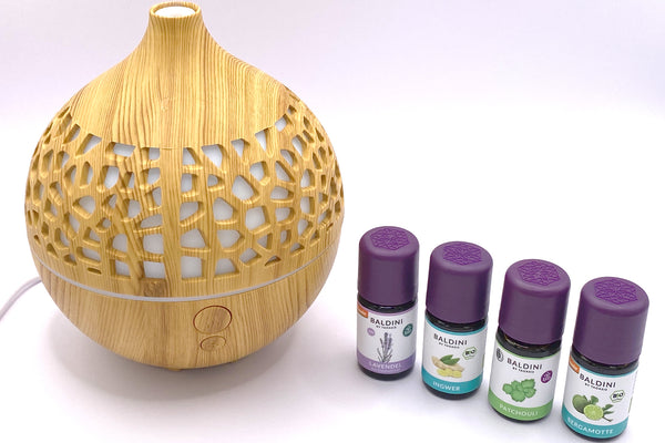Baldini Bio Ätherische Öle 4er Set (4x5ml) + Aroma Diffuser 180 ml – Ultraschall Diffuser mit LED – Aromatherapie Set