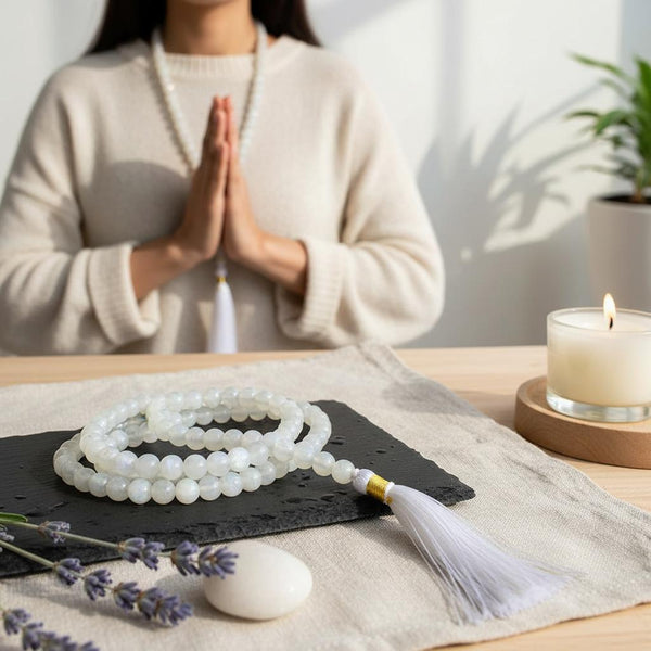 Mondsteinkette bei Meditationsritual, Malakette beim Mantra