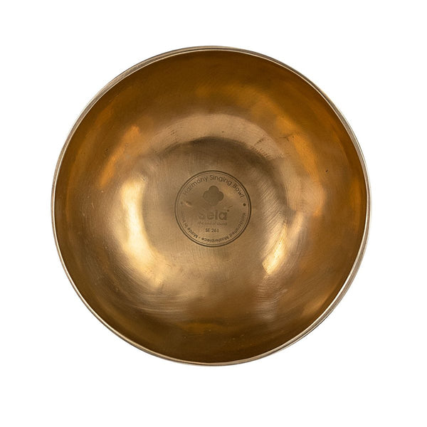 Sela Harmony Klangschale Messing 15 cm handgefertigt Draufsicht mit Logo