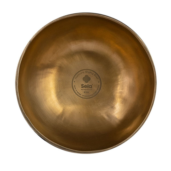 Sela Harmony Klangschale Messing 17 cm handgefertigt Draufsicht mit Logo