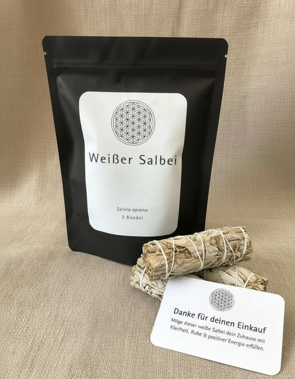 3x Weißer Salbei Räucherbündel für Reinigung & Rituale auf Leinen mit Karte