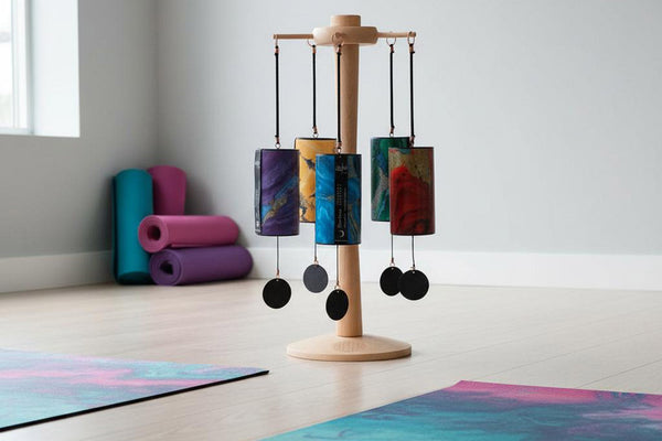Zaphir Klangspiele auf einem Holzständer in einem Yogaraum – mehrere farbige Zaphir Chimes in Blau, Lila, Gelb, Grün und Rot hängen an einem Buchen-Klangspielständer, im Hintergrund bunte aufgerollte Yogamatten