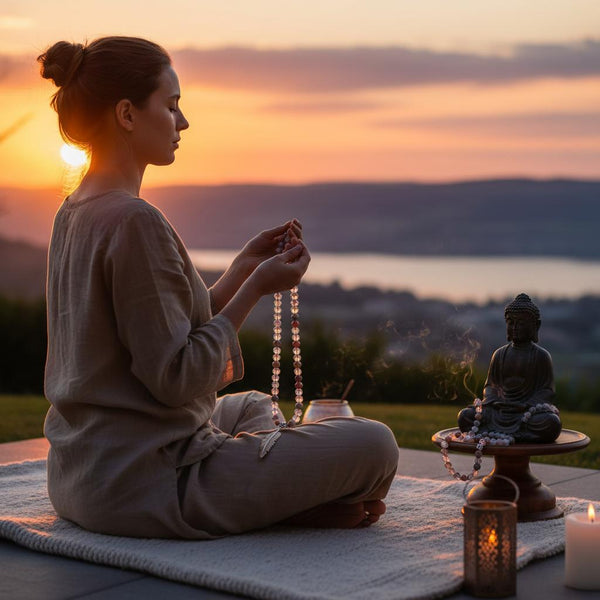 Frau beim Meditieren mit Malakette bei Sonnenuntergang