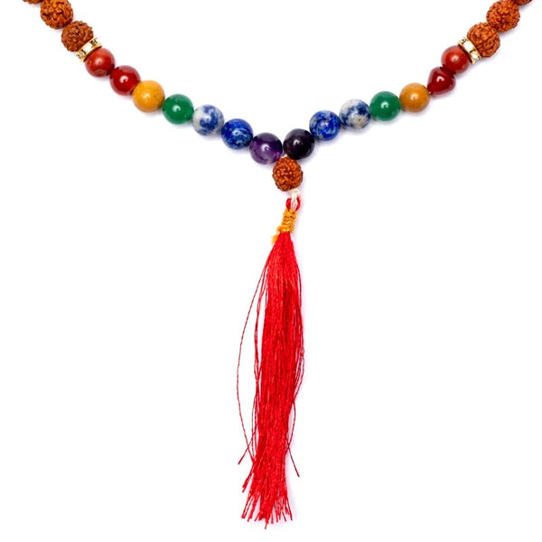 Mala Chakra Rudraksha 108 Perlen – Detailansicht Chakra-Edelsteine und Rudraksha-Perlen