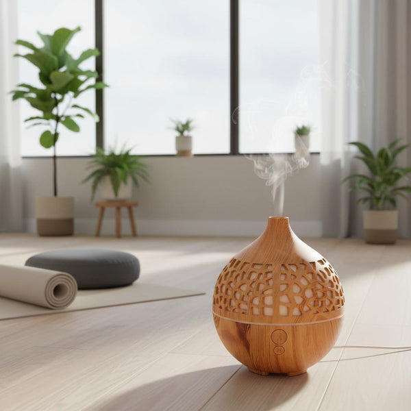 Ultraschalldifussor beim Yoga, Raumdüfte zur Meditation in Holzoptik