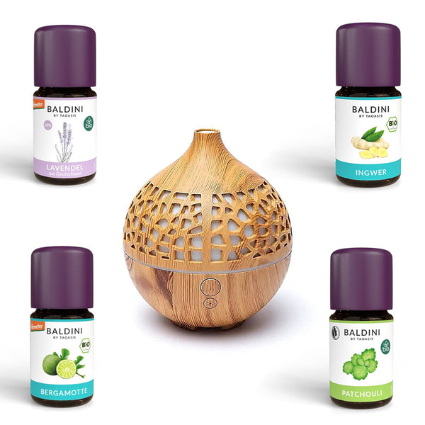 Ultraschall Aroma Diffuser 180 ml Zerstäuber + Baldini Bio Vier Elemente Set