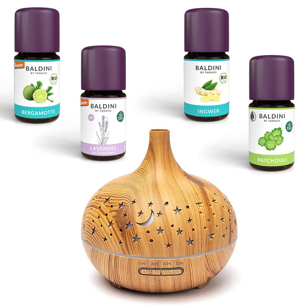 Ultraschall Aroma Diffuser 400 ml Holzdruck + Baldini Bio Vier Elemente Set