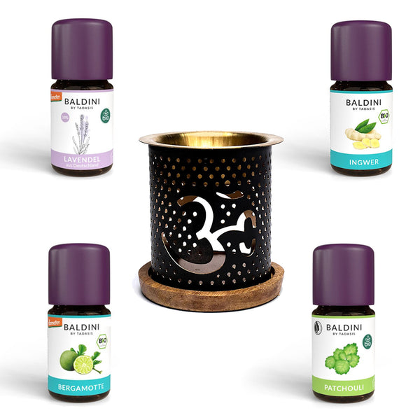 Aromafume Duftlampe OM mit Teelicht + Baldini Bio Ätherische Öle 4er Set (4x5ml)