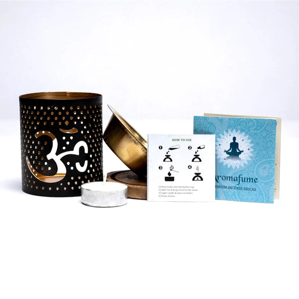 Aromafume Duftlampe OM mit Teelicht + Baldini Bio Ätherische Öle 4er Set (4x5ml)