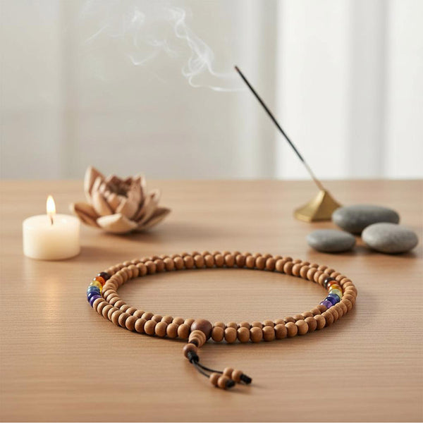 Mala Chakra Kadamholz 108 Perlen – 7 Chakra-Edelsteine Meditationskette auf Tisch mit Räucherstäbchen