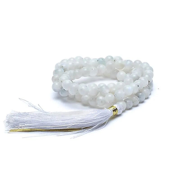 Mala Mondstein 108 Perlen mit weißer Quaste – Meditationskette & Yoga-Schmuck