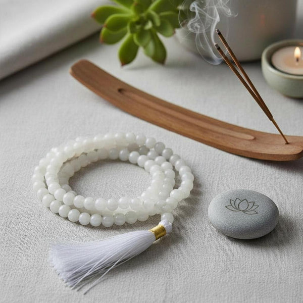 Mondsteinmala Kette auf Tisch zur Meditation