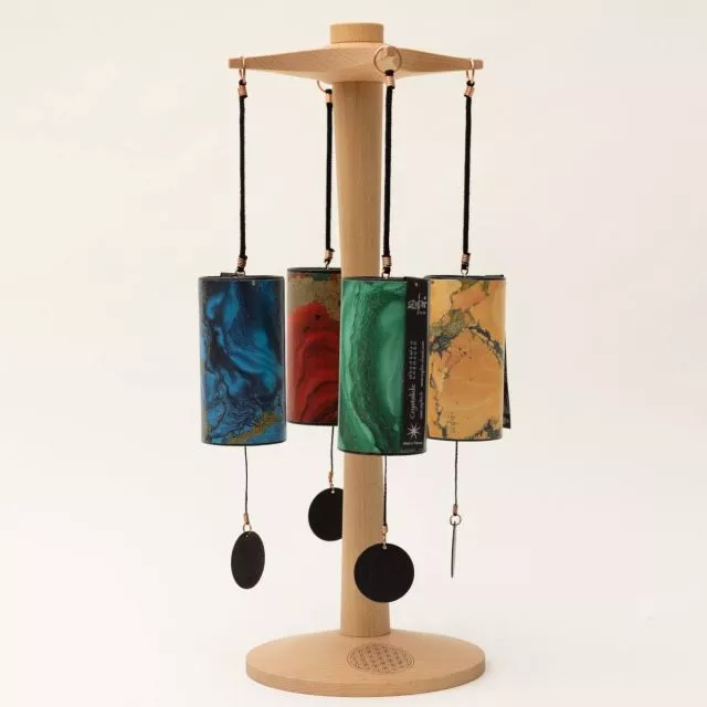 4 Zaphir Chimes + Premium Rotating Beech Wood Stand - Flower of Life